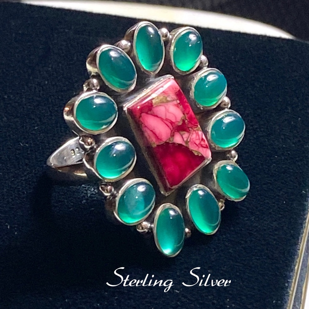 Sterling Silver Pink Rose Dahlia & Green Onyx Statement Ring